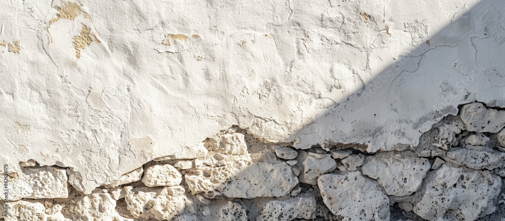 Poster abstract background photo texture showcasing an empty white stone wall with a shadow providing ample