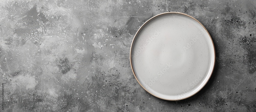 Fototapete Overhead view of a blank plate on a concrete surface with space available for your design in the image. Copy space image. Place for adding text and design