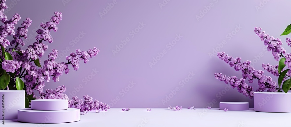 Poster Lilac background with blooming branch and decorative podiums offering copy space image.