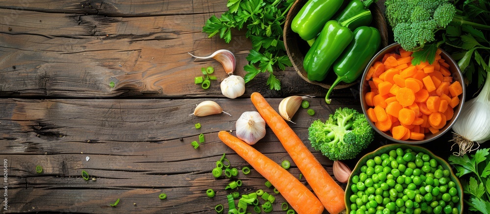 Aufkleber Various fresh vegetables like chopped carrot, green pepper, garlic, and parsley are artfully arranged on a wooden table in a top view image with a rustic style and ample copy space for adding text.