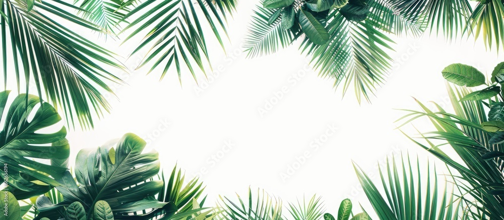 Poster copy space image of palm leaves frame on white background.