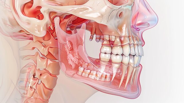 Detailed anatomical illustration of human jaw and teeth, showcasing bone structure and dental alignment.
