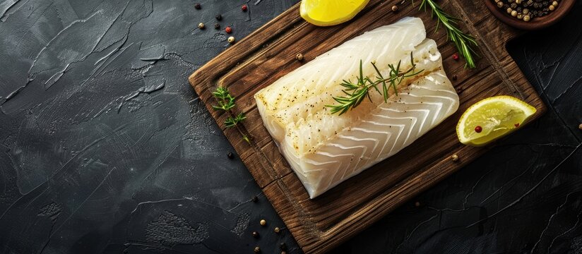 Halibut fish steak on a wooden board against a black background from a top view, featuring copy space image.