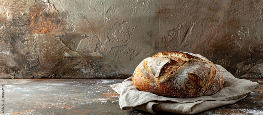Aufkleber Fresh bread loaf on napkin on a table, set against a rustic stone background for a bakery feel, with space for text or images. Copy space image. Place for adding text and design
