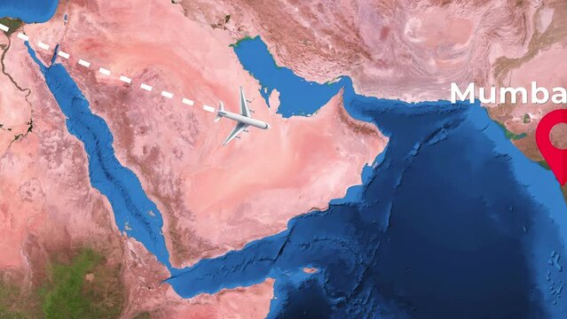 International flight travel route from Paris to Mumbai on worlds map in 4K