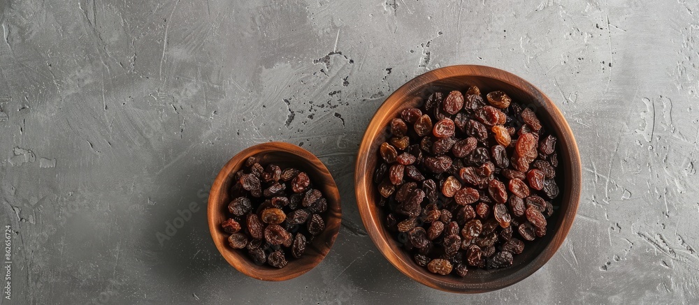 Poster wooden bowls filled with raisins, perfect for a nutritious meal, displayed from a top view on a grey