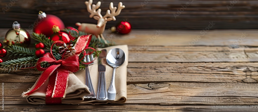 Poster Flatware wrapped with ribbon on a napkin on a wooden surface, surrounded by Christmas ornaments and a reindeer, perfect for your design in a copy space image.