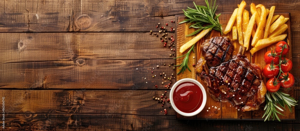 Poster Wooden table displaying a board with appetizing grilled steak and fries, with copy space image.
