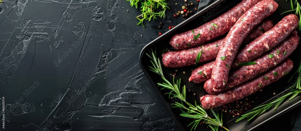 Poster top-down view of uncooked lamb and beef meat sausages on a kitchen tray with herbs, set against a bl