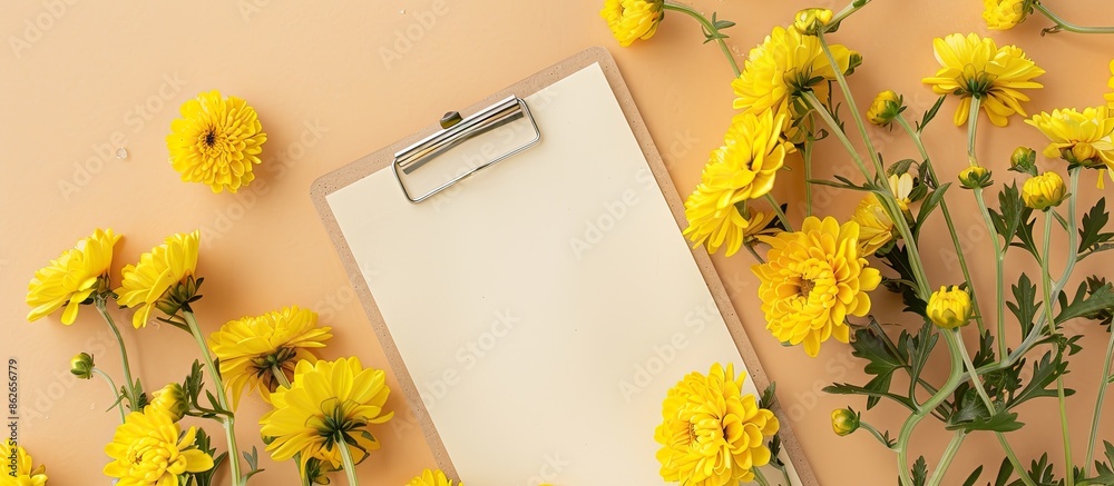 Poster Top view of a beige background with a clipboard featuring a blank paper and yellow chrysanthemums, ideal for a copy space image.