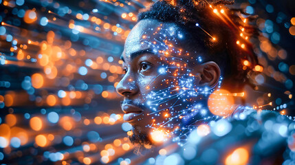 Digitally enhanced athlete racing with speed and precision in a futuristic virtual sports arena close up. Human head with vibrant light streaks running across the face