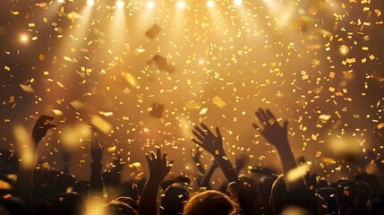 5. A conceptual image of golden confetti raining down on a jubilant crowd, celebrating the announcement of winners in a festive raffle event, capturing the joy and exhilaration of victory.