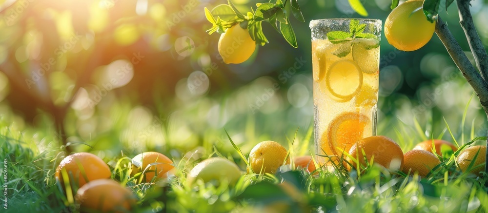 Poster Glass of lemonade with lemons and oranges on a tree, set against a backdrop of lush green grass with copy space image.