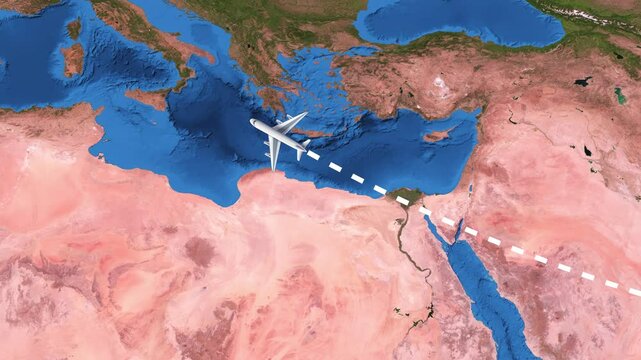 International flight travel route from Mumbai to Paris on worlds map in 4K