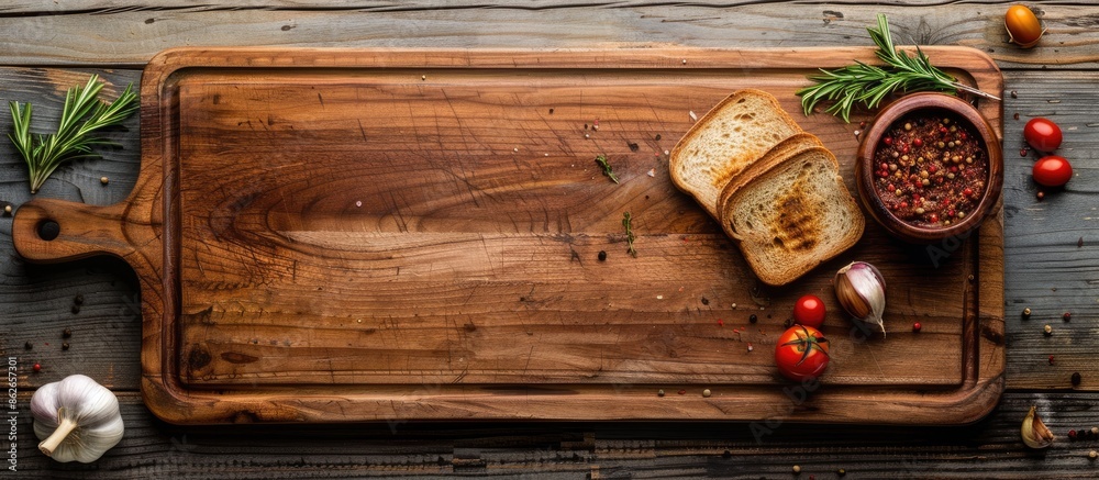 Fototapete Wooden chopping board for slicing bread, pizza, or steak on a wooden surface with a space for text. Viewed from above. Copy space image. Place for adding text and design