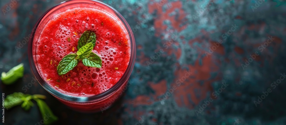 Aufkleber top view of a glass of watermelon smoothie on a dark table with ample copy space image.