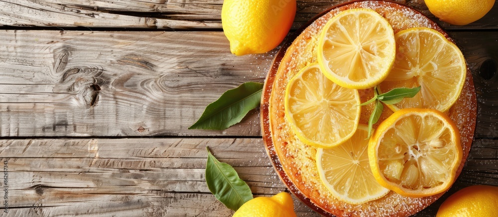 Poster top view of a delicious lemon cake with glaze on a wooden table with a copy space image available fo
