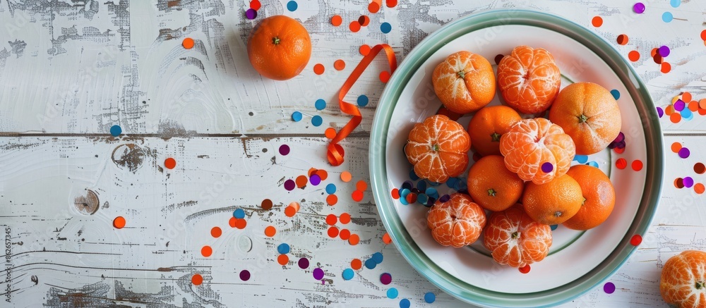 Poster A close-up shot features a plate of tangerines and colorful confetti on a white wooden surface, with ample copy space image for the after-party scene.