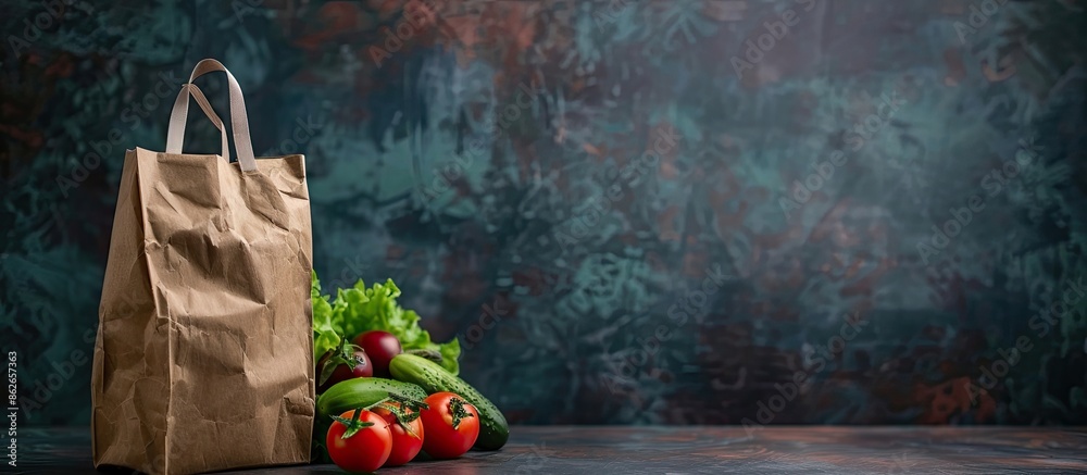 Poster empty workstation with a dark wall background and an abstract package on the table for food or produ
