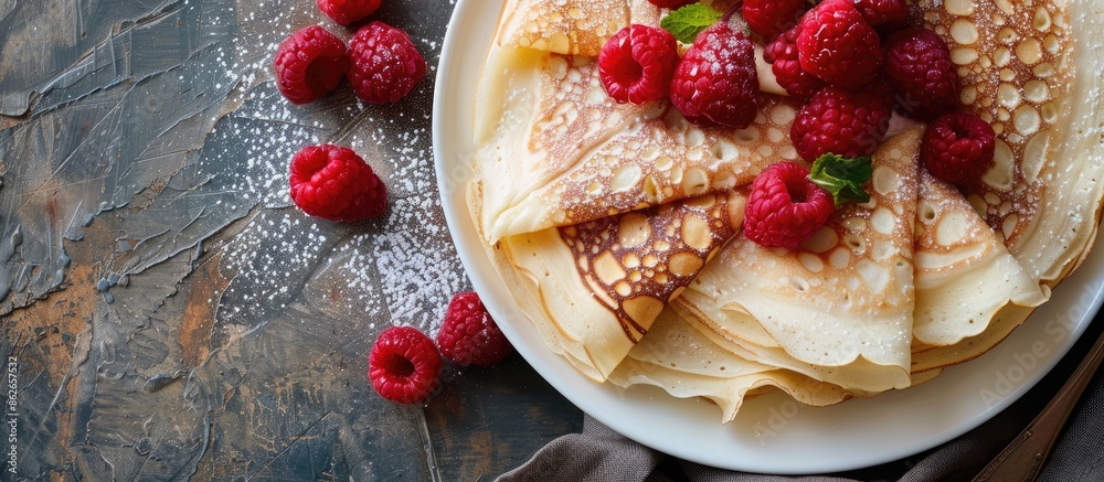 Poster Top view of a delicious dessert menu concept featuring thin pancakes. The image provides ample copy space for text in the background.