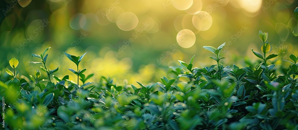 Leinwandbilder green garden with blurred bokeh creating a serene background ideal for copy space image.
