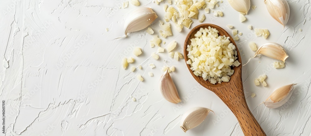 Aufkleber wooden ladle with minced garlic on a white desk with a plain background, presenting a top view of th