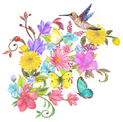colorful floral arrangement with stylized branch of lilac, blooming swirl twigs of wild flowers. bouquet of blossom with butterflies, ladybug and humming bird. watercolor painting © Aloksa