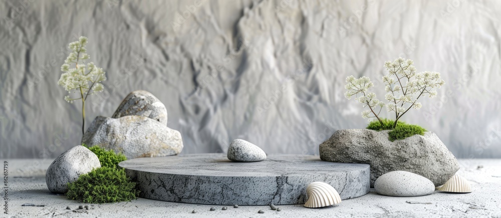 Poster modern podium crafted from gray stones, moss, and shell fragments for showcasing products with an in