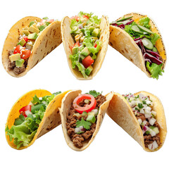 set of delicious tacos on transparent cut out background