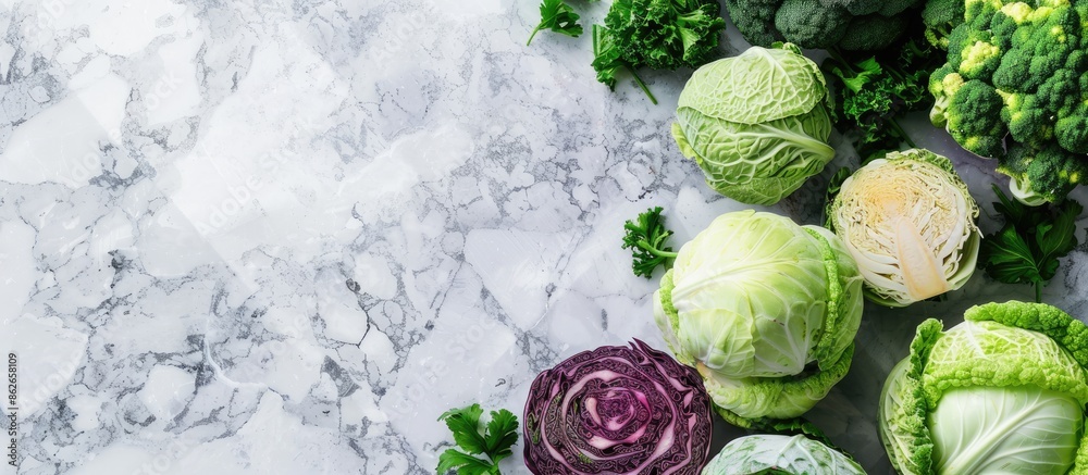 Poster Various types of cabbages displayed on a marble table in a top-down view with copy space image, promoting healthy eating.