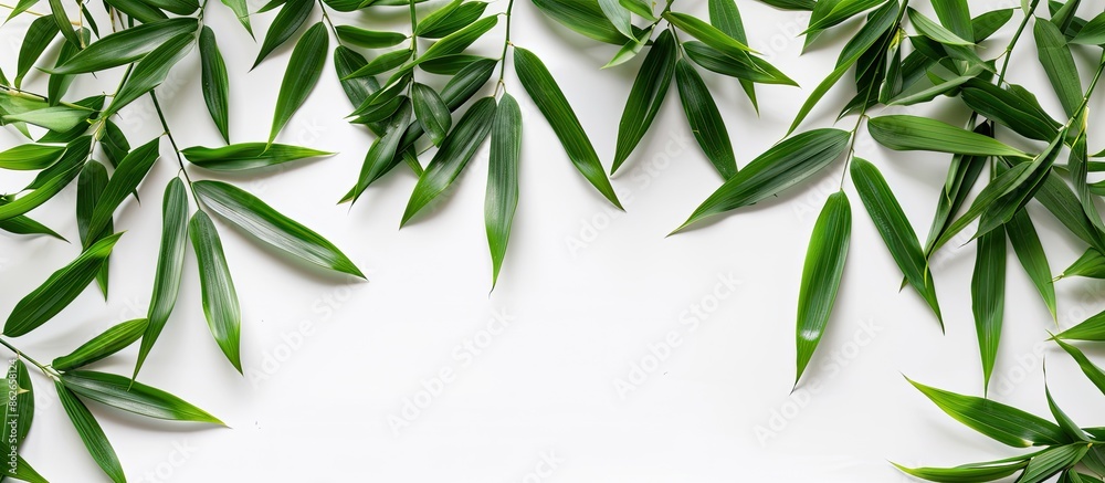 Poster bamboo leaves arranged with copy space image on a white background.