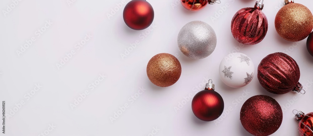 Poster close-up flat lay of christmas balls on a white background with copy space image.