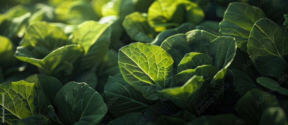 Poster morning light illuminates young green cabbage leaves with a background suitable for text or graphics