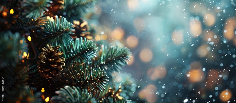 Poster A festive background with glittering lights perfect for the Christmas and New Year holidays, featuring a close-up of a Christmas tree with text space image. Copy space image