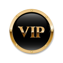 VIP black label with round golden ring frame. Premium template. Vector luxury illustration isolated on white backgrond