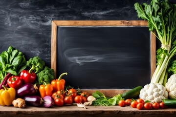 A variety of fresh vegetables radishes arranged on a rustic wooden surface with a chalkboard in a wooden frame in the background, Vibrant colors and a wood-paneled background.

