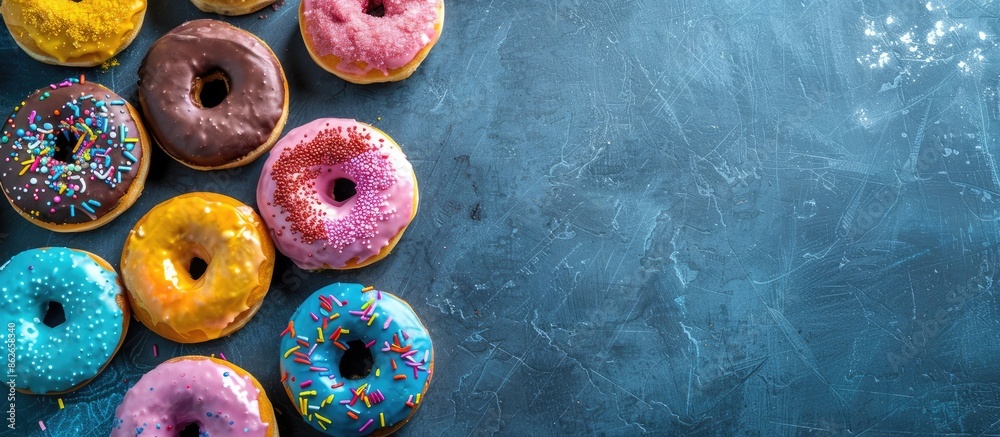 Fototapete colorful doughnuts displayed on a table with copy space image, seen from above and isolated.
