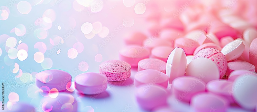 Aufkleber Close-up of pills on a white background with a soft bokeh effect, featuring a copy space image.
