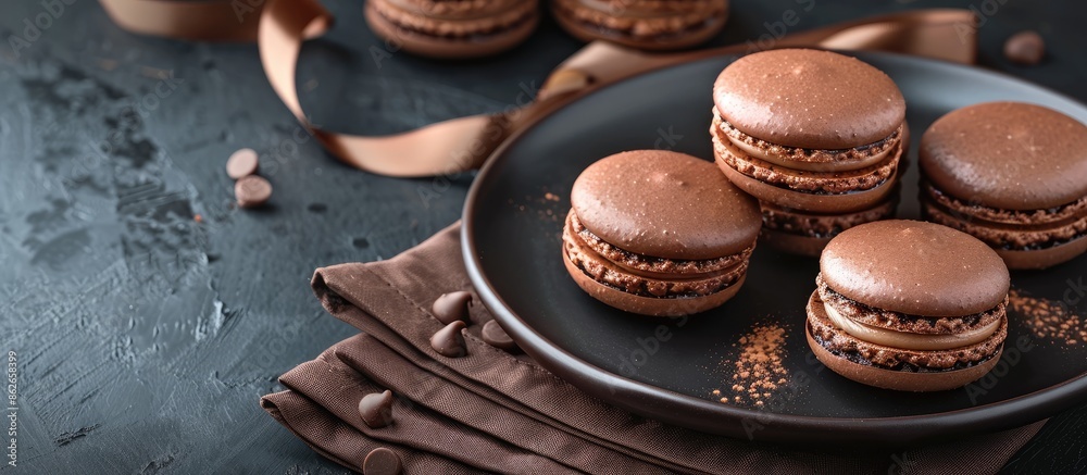 Poster Dark chocolate macarons displayed elegantly on a black plate with a ribbon and a brown napkin, set on a dark table background with copy space image.