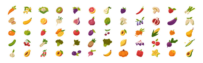 Various farm vegetables and tropical fruit icons set. Different fresh food. Agriculture harvest, crop: apple, orange, tomato, pumpkin, onion. Flat isolated vector illustrations on white background