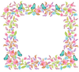 floral frame with stylized branch of lilac, tiny wild flowers and butterflies. watercolor painting