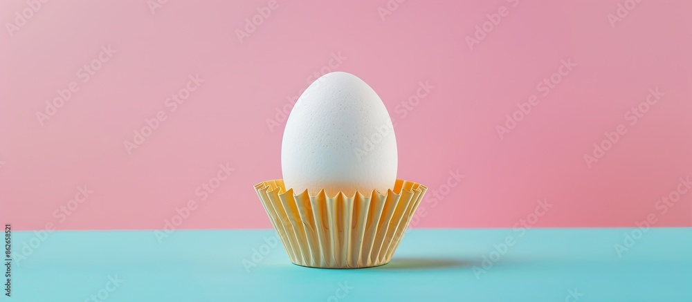 Poster minimal easter-themed creative concept featuring a white egg in a paper baking cup against a pastel 