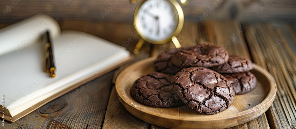 Aufkleber an aesthetic scene with homemade dark chocolate brownie cookies on a wooden plate and a vintage gold