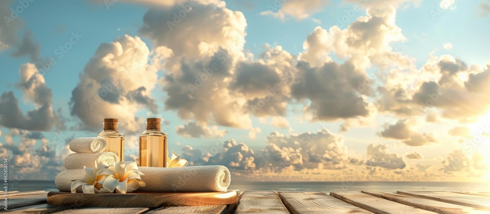 Aufkleber massage therapy objects set up at a spa with a serene background featuring a sky filled with clouds 