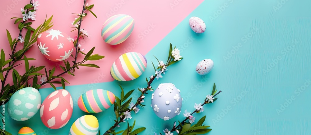Fototapete easter decorations arranged on a colorful background with easter eggs in a flat lay top view for a b