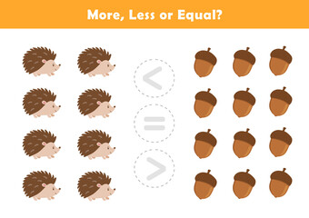 Comparison Worksheet with Cute Cartoon Hedgehog for Kids. Counting Games for Preschoolers. More or Less Worksheet for Kindergarten.	