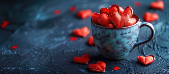 Valentine's day greeting concept with decorative hearts in cup on dark background, ideal for a copy space image.