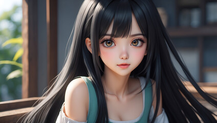 Portrait of a cute woman, anime Long black hair, big eyes