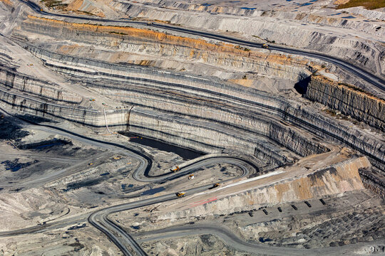 Aerial view of open cut coal mining in progress, Mount Thorley, New South Wales, Australia.
