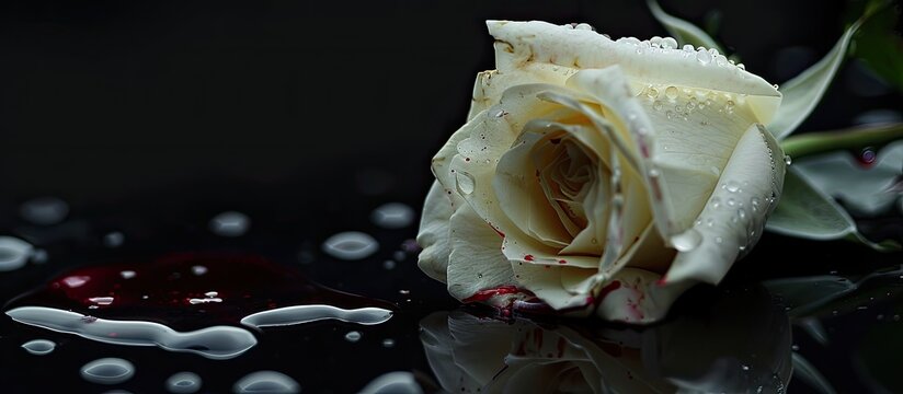 Conceptual idea of lost innocence and despair portrayed through a white rose bleeding drops of blood against a black backdrop, offering copy space image.